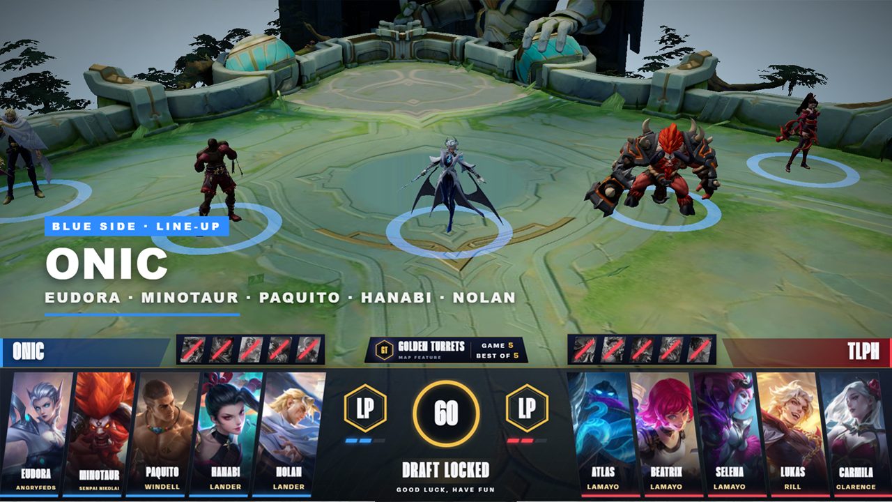 Draft Arena overlay: 3D heroes on the map with both teams' picks, bans, map modifier and a 60 second timer